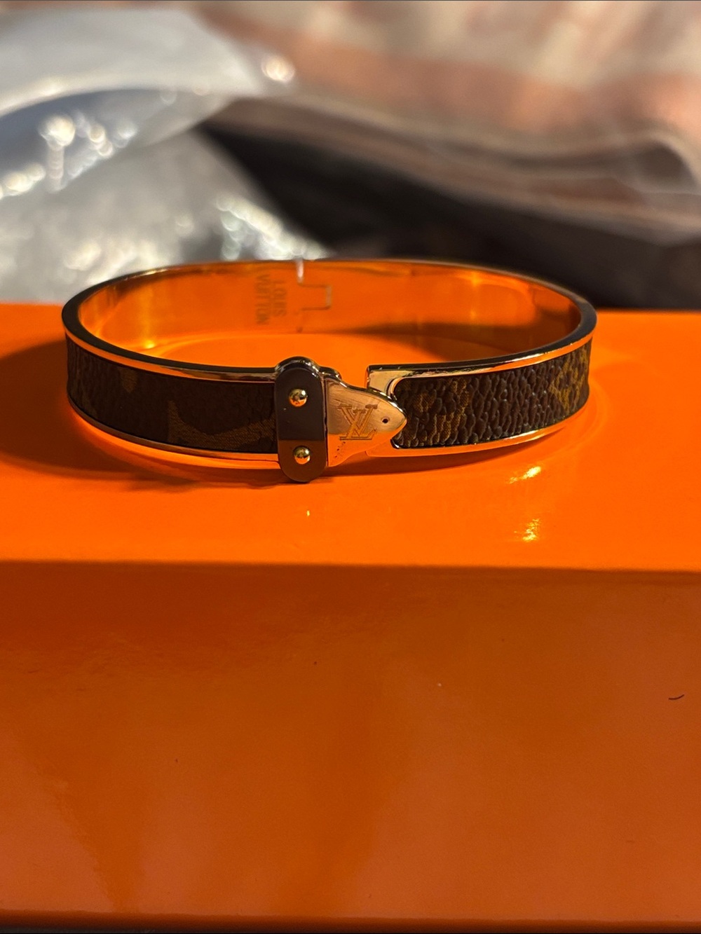 New Brown Leather-Trim Bangle Bracelet